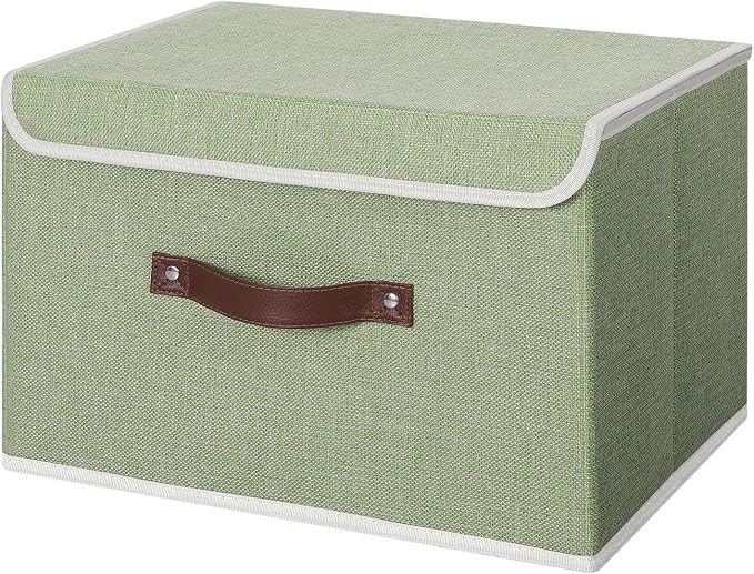ANMINY Fabric Storage Box Bins with Lids, Green, 15"x10"x10" | Keepsake Memory Storage, Cotton Linen, PP Board Reinforced, Washable, PU Handles, Foldable & Stackable, Decorative, Large by ANMINY