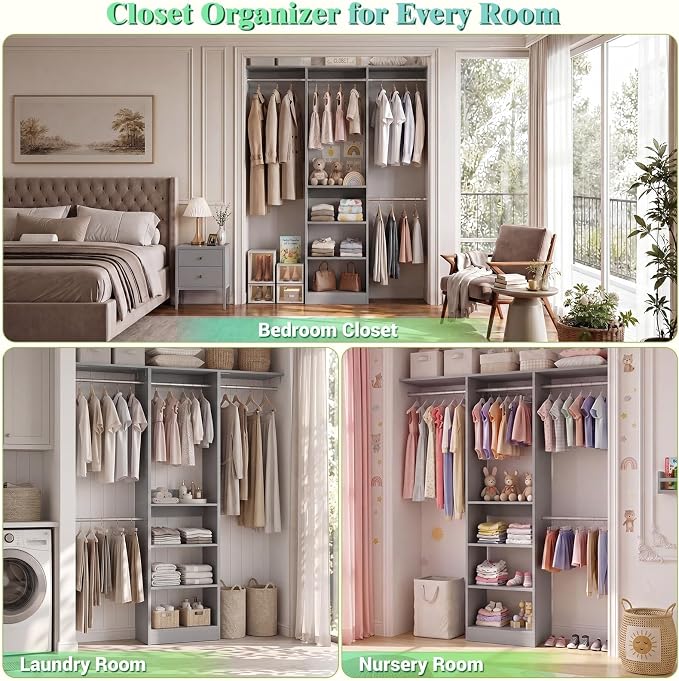 Besiost 4FT Small Closet Organizer System with 4 Hanging Rods & 3 Shelves | 48" Closet System for Small Closets, 80" H Small Closet Organizers and Storage for Bedrooms, Cloakrooms, Gray - Image 4