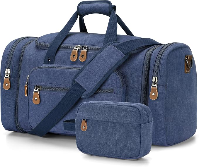 Gonex Canvas Duffle Bag, Expandable 60L Travel Overnight Weekender Bag | for Men, with Toiletry Bag, Multiple Pockets, Carry-On Size, Durable Zippers, Detachable Strap, Blue by Gonex