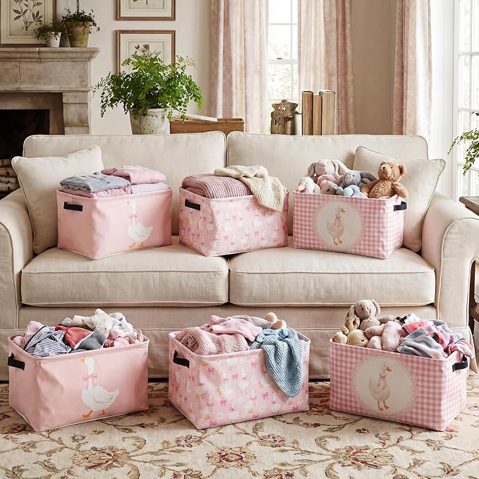 CHENGU 6 Pack Pink Silly Goose Storage Bin Cute Collapsible Storage Basket for Girl Large Foldable Laundry Box with Handle Decorative Clothing Basket for Girl Nursery Bedroom Home Baby Shower Birthday - Image 3