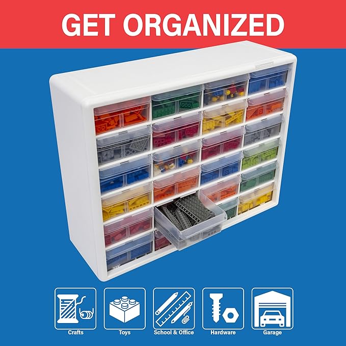Akro-Mils 24-Drawer Plastic Storage Cabinet, 20" W x 6" D x 16" H, White | Plastic Cabinet w/ Drawers for Garage Organization, Beads, Building Bricks Storage, Teacher Toolbox, Makeup Organizer, 10124 - Image 4