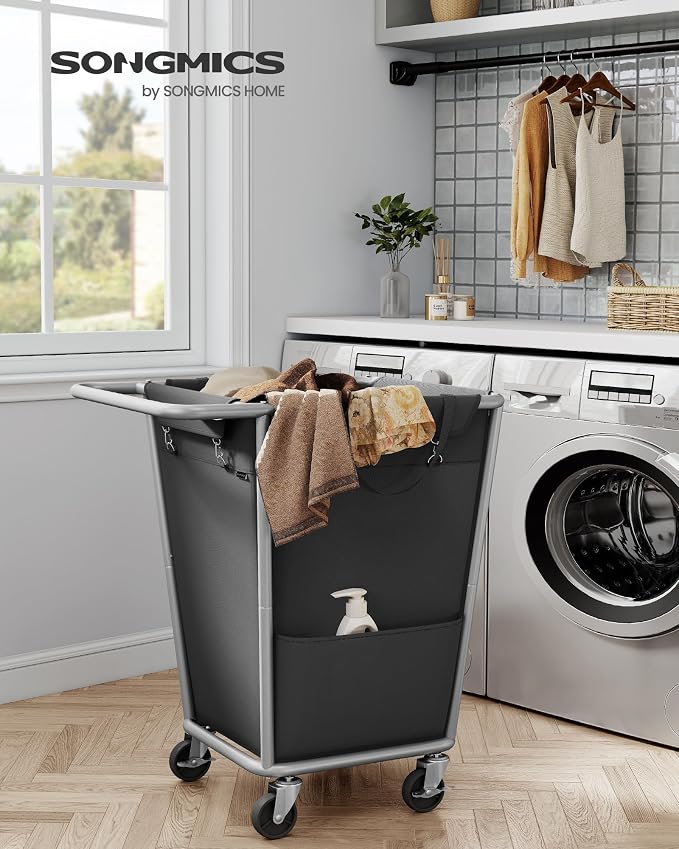 SONGMICS Laundry Basket with Wheels, 34.3 Gallons (130 L) Rolling Laundry Hamper with Removable Bag, Heavy-Duty Steel Frame, Ink Black URLS008B01 - Image 2