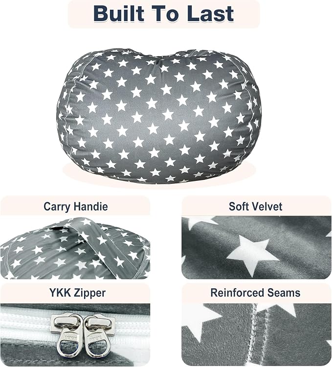 Lukeight Stuffed Animal Storage Bean Bag Chair Cover for Kids, Velvet Plush Toy Organizer Seat, Cover Only, No Filling Included, Long YKK Zipper, Side Pocket, X-Large 30"D x 18"H - Image 6