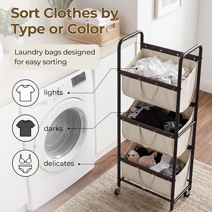 GRANNY SAYS 3 Tiered Laundry Sorter, Narrow Hamper Cart with Wheels | Sturdy 3 Section Laundry Basket with Wheels, Vertical Beige Hamper Cart for Bedroom, Bathroom, Apartment - Image 3