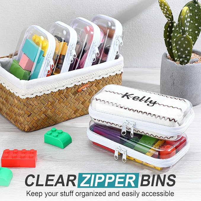 12 Pcs Clear Hard Zipper Case Back to School,7.48 x 3.94 x 2“ | Plastic Zipper Pouch with 5 Sheets Alphabet Stickers Toy Storage Organizer Makeup Case for Travel Building Blocks Puzzles - Image 6