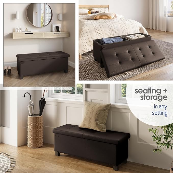 Storage Ottoman Bench with Bins, 43-in Storage Bench for Bedroom End of Bed, Folding Foot Rest Ottoman for Living Room Max 660lbs, Faux Leather Ottomans, Brown - Image 4