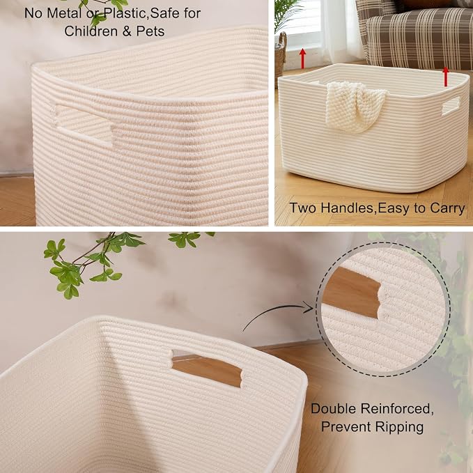 OIAHOMY 118L XXXLarge Cotton Rope Storage Basket, Oversized Blanket Basket, Used for Organizing Dirty Clothes in Living Room, Bedroom, Nursery, Dog Toy Storage Bins, 25" x 17" x 16",White - Image 6