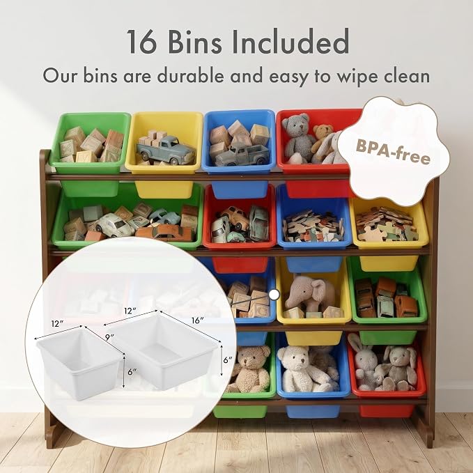 Humble Crew Kids Toy Organizer with 16 Bins, 4 Tier Storage for Playroom | Sturdy wood and steel toddler shelf, removable BPA-free containers, wall anchor anti-tip safety kit for bedroom or classroom - Image 4