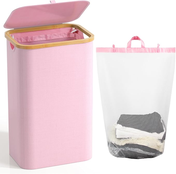 Laundry Hamper with Lid, Laundry Basket with Removable Bag, Pink | 100L Large Dirty Clothes Hamper with Handle, Freestanding Bamboo Laundry Hamper for Bedroom, Bathroom, Laundry Room by Bathola