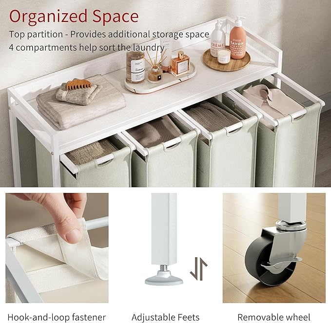 Herture Laundry Hampers with Shelf, Laundry Basket 4 Section, 4 x 15.87 Gal | Laundry Sorter with Pull-Out Removable Large 4 White Bags and Movable Wheels, Metal Frame, White PF07XLW - Image 3