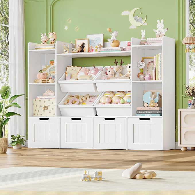 Toy Storage Organizer, Toy Organizer with 4 Movable Drawers and 4 Box Bins, Kids Playroom Storage Organization with Hidden Wheels for Living Room, Kids Room by LULUBEAR