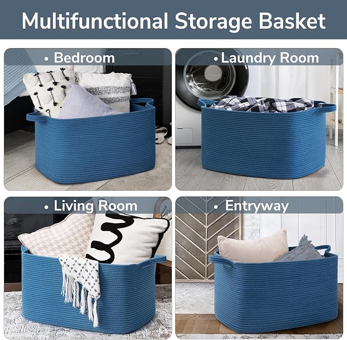 Goodpick Large Woven Rope Blanket Basket, Rectangle, Dark Blue | 21.6'' x 14.9'' x 11.8'' Storage Basket for Blankets & Toys, Living Room, Bedroom & Nursery Organization, Reinforced Handles - Image 4
