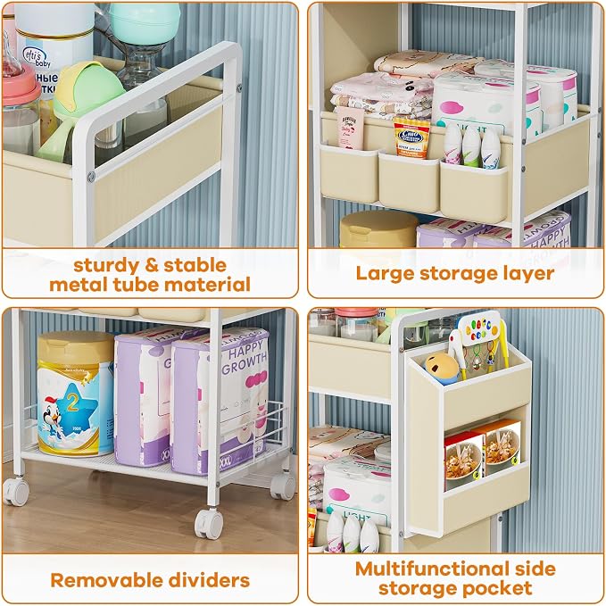 JBBTOOL 2In1 Baby Diaper Caddy & 3-Tier Rolling Diaper Cart, Diaper Caddy Organizer with Dividers & Pockets, Mobile Metal Utility Cart for Baby Essentials, Bedroom, Kitchen & Office - Image 4