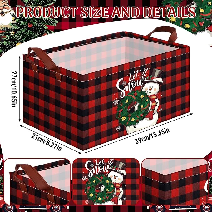 CHENGU 6 Pack Christmas Storage Basket Collapsible Christmas Basket for Gifts Buffalo Plaid Holiday Decor Large Snowman Bin Foldable Xmas Tree Box with Handle for Bedroom Office Home - Image 3