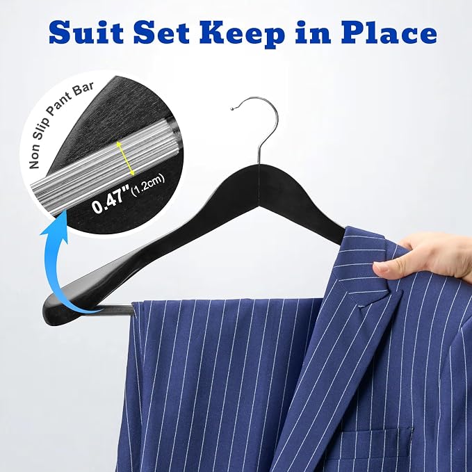 HOUSE DAY High-Grade Suit Hangers, Wide Shoulder Wooden Hangers with Non Slip Pants Bar, Smooth Finish 360° Swivel Hook Solid Wood Coat Hangers for Dress, Jacket, Heavy Clothes Hanger 6 Pack (Black) - Image 4