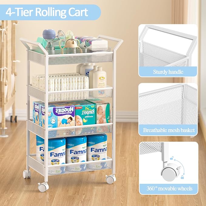 Baby Diaper Caddy Cart, 4-Tier Diaper Caddy Organizer and Storage, Rolling Utility Cart for Baby Supplies, Diaper Cart with Wheels for Bedroom, Nursery, Changing Table, White - Image 6