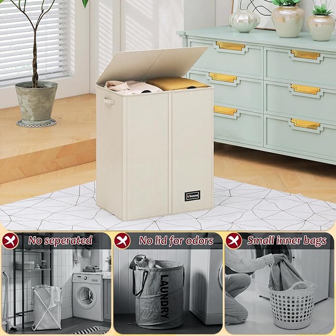 135L Laundry Hamper 2 Section, Large Laundry Hamper with Lid, Dirty Clothes Hamper with 2 Removable Inner Bags, Collapsible Laundry Basket Organizer for for Clothes Toys Towels, Hamper 2 Compartment - Image 3
