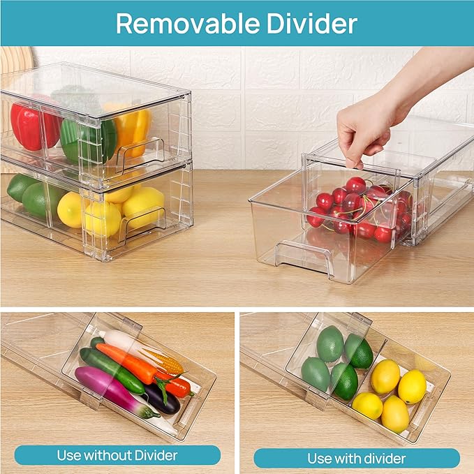 Vtopmart 4 Pack Stackable Clear Drawer with Dividers | Easy Assembly, Stackable Storage, Removable Dividers, Non-Slip Design, For Fridge, Under Sink, Pantry & Bathroom - Image 4
