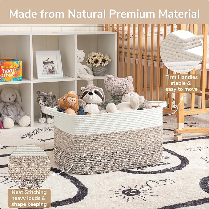 Goodpick Large Woven Rope Blanket Basket, Rectangle, Light Brown | 21.6'' x 14.9'' x 11.8'' Storage Basket for Toys, Blankets & Clothes, Living Room & Nursery Organization, Reinforced Handles - Image 6
