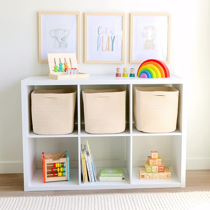 NaturalCozy Storage Cubes 11 Inch Cotton Rope Woven Baskets for Organizing, 3-Pack | Cube Storage Bin | Square Storage Baskets for Shelves Organizer, Classroom, Kids Toy Bins, Closet, Baby Nursery - Image 3