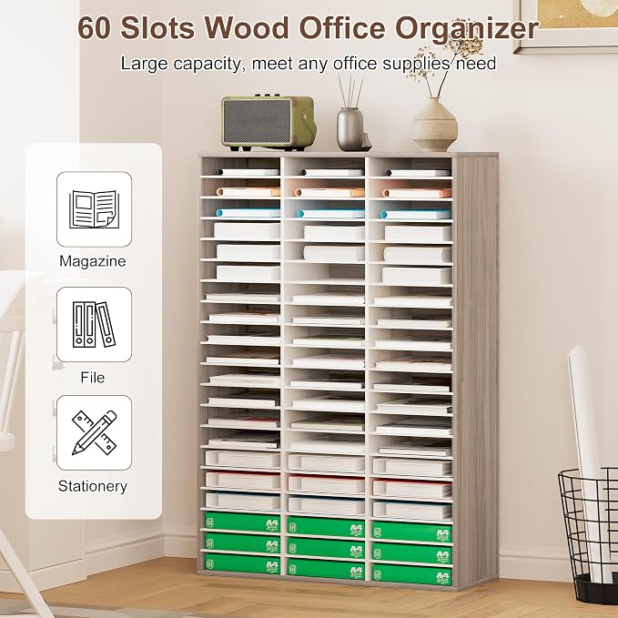 EasyPAG 60 Compartments Wooden Literature Organizer with Adjustable Shelves, 30000 Sheets Capacity Paper Organizer, Classroom Mailbox and Mail Sorter for Teachers and Office, Retro Gray/White - Image 2