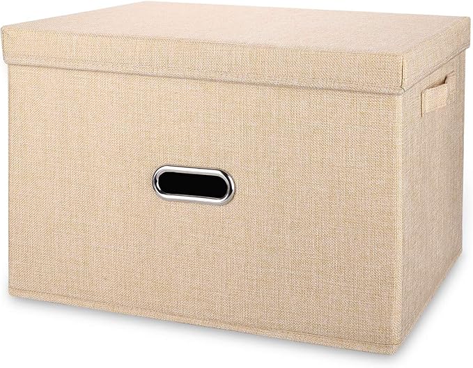 Linen Fabric Collapsible Storage Bins with Removable Lids and Handles, Washable Storage Box Containers Baskets Cube with Cover for Bedroom,Closet,Office,Living Room,Nursery (Khaki, Small) by Unknown