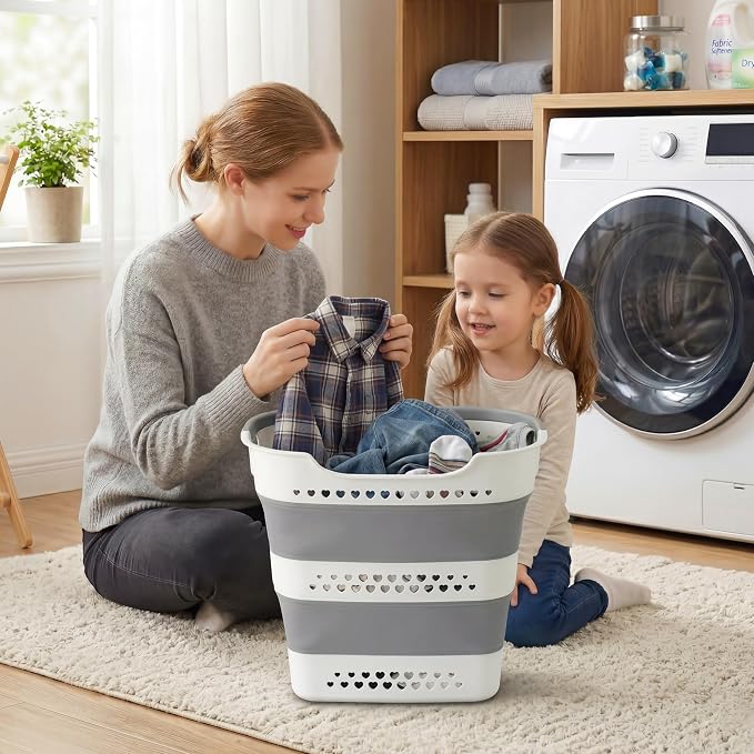 2 Pcs 42L Collapsible Laundry Baskets- Foldable Laundry Basket with Handles, Sturdy Plastic Pop Up Laundry Hamper, Space Saving Storage Container for Wet/Dry Use, Ideal for Home, Dorm, Apartment Grey - Image 2