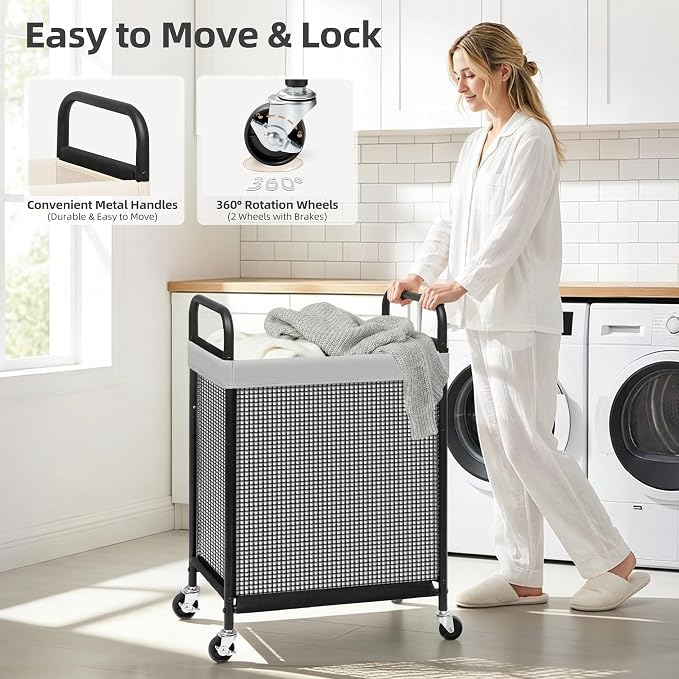 STORAGE MANIAC Rolling Laundry Hamper with Wheels 1-Section Laundry Sorter Rolling Laundrys Basket on Wheels with Removable Bag Clothes Hamper Laundrys Organizer Cart Bathroom Bedroom 90L Grey - Image 5