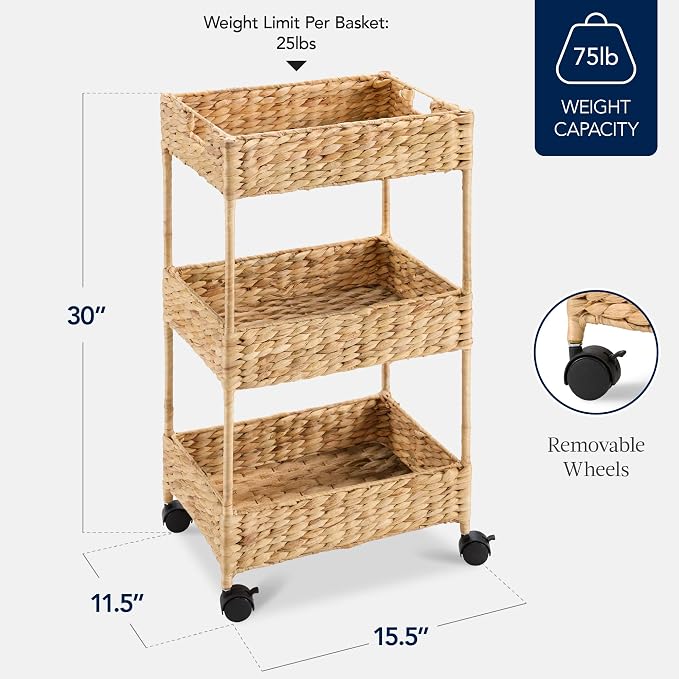 Best Choice Products 3-Tier Water Hyacinth Rolling Nursery Caddy w/Wheels, Utility Cart, Storage Organization for Bathroom, Craft Room, Laundry Room - Natural - Image 2