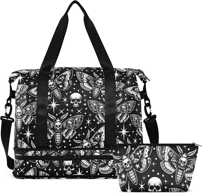 Travel Duffel Tote Bag Digital Skull Head Moth Sports Duffel Bag with Wet Pocket Weekender Overnight Bag for Women Men Gym Bag, Carry On Bag Hospital Bag for Labor and Delivery by MNSRUU