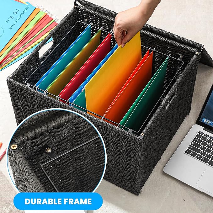 Cinnvoice Extra Large Decorative File Box 18 x 16 x 13 in Wicker Seagrass File Basket Organizer for Letter Legal Size Hand Woven Hanging Filing Cabinet with Lid for Office Paper Rope, Black - Image 3