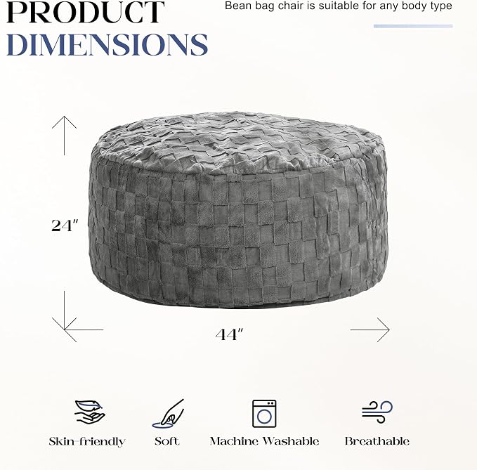 Hobestluk Adults Bean Bag Chair 4FT Big BeanBag Chair Extra Large Oversized | Memory Foam,Washable Cover,Unique Fluffy Plaid,Comfy Adult Bean Bag with Filler Gaming Reading Bedroom Living Room | Grey 4FT - Image 2