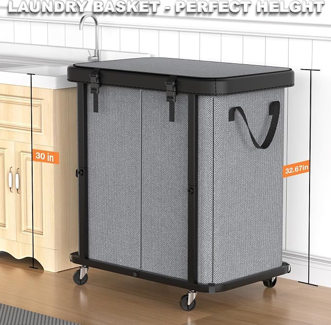 Laundry Basket with Wheels,190L (50 Gal) Laundry Hamper 2 Setion - Gray | Leather Patchwork,Sturdy Metal Frame, Removable Washable Bag, Tall Clothes Sorter for Bedroom - Image 4