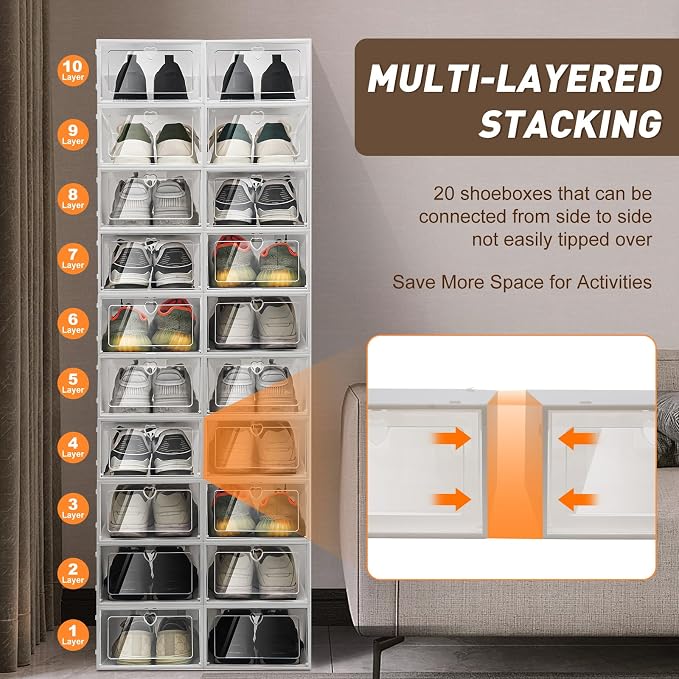 20 Pack Shoe Organizer for Entryway Closet, Clear Plastic | Need Assemble, Shoe Storage Boxes Fit up to Size 11/12 - Image 9