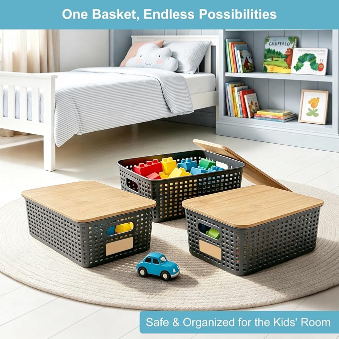 Small Plastic Storage Bins with Bamboo Lids 5.2qt Stackable Box Basket Pantry Decorative Containers Cute with Lable for Organizing Desktop Closet Office Gray of 6 packs 10 * 7.2 * 4.1" - Image 4