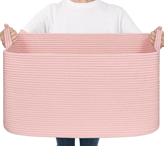 Goodpick Large Woven Rope Blanket Basket, Rectangle, Pink, 75L | 21.6'' x 14.9'' x 11.8'' Storage Basket for Toys & Blankets, Living Room, Bedroom & Nursery Organization, Reinforced Handles by Goodpick