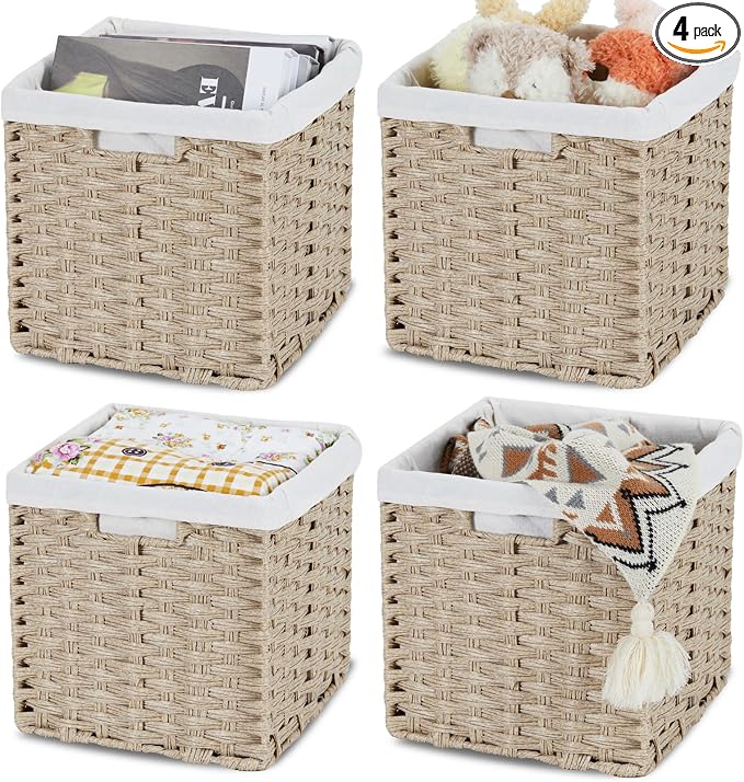 Bidtakay Wicker Storage Baskets for Organizing 4-Pack Hand-Woven Imitation Wicker Cube Storage Bins with Liners for Shelves Closet Cabinet 11x11 Waterproof Cube Organizer for Pantry-Greyish Beige by BidtakayBaskets
