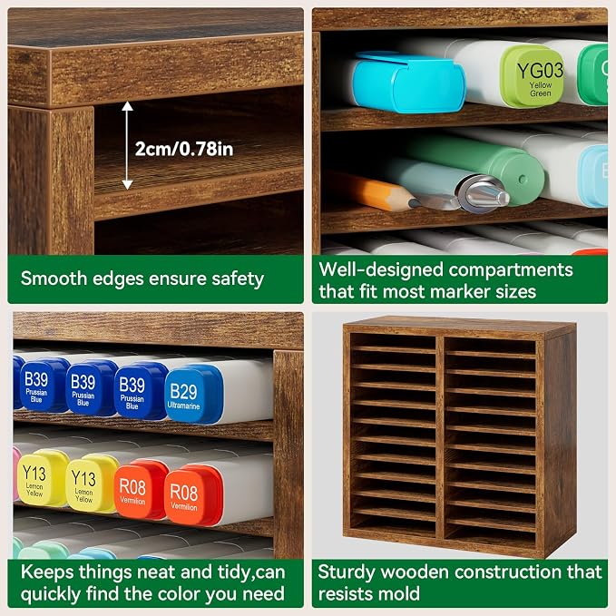 YMYNY Wooden Marker Organizer, Vintage Brown,11.81 x 5.31 x 11.81 HMR001H | Desktop Storage Hold 176 Markers,Pens,Pencils,Art Brushes Stationary Organizer Pencil Holder with 22 Compartments for Home - Image 2