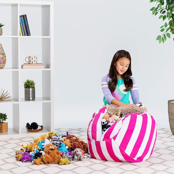 Posh Stuffable Kids Stuffed Animal Storage Bean Bag Chair Cover - Childrens Toy Organizer, Medium 27" - Canvas Stripes Pink and White - Image 6