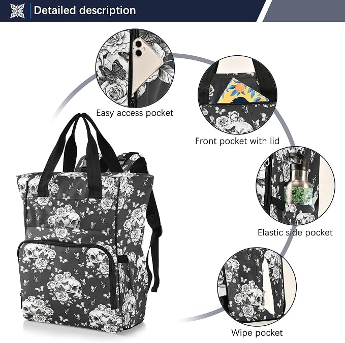 MNSRUU Diaper Bag Goth Skull Butterdlies Diaper Bag Backpack Multifunction Travel Diaper Bag Tote Large Capacity Diaper Changing Backpacks for Moms Dads - Image 2