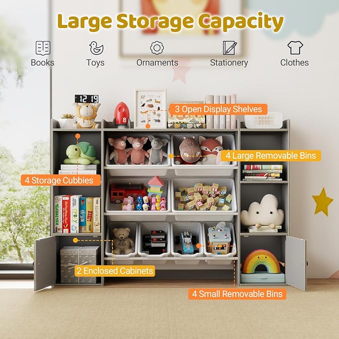 Costzon 56.5'' Kids Toy Storage Organizer w/ 8 Removable Bins, 4-Tier Toddler Bookshelf Cubbies, Preschool Children's Montessori Bookshelf w/6 Large Cabinet for Playroom, Daycare, Kids Room, Classroom - Image 3
