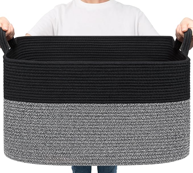 Goodpick Large Woven Rope Blanket Basket, Rectangle, Black & Gray | 21.6'' x 14.9'' x 11.8'' Storage Basket for Toys & Nursery Essentials, Living Room & Bedroom Organization, Reinforced Handles by Goodpick