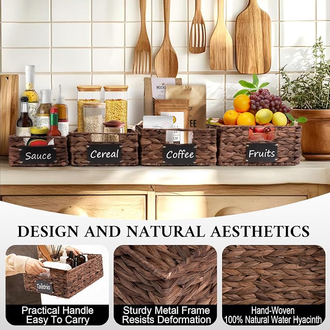 Set of 4 Sizes Hand-Woven Pantry Shelf Baskets, Hyacinth Storage Baskets with Chalkboard Labels & 2 Chalk Markers, Wicker Nestable Basket Set for Organizing Pantry Kitchen Laundry Shelves (Brown) - Image 4