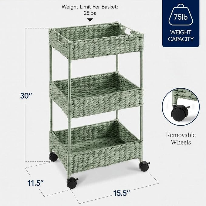 Best Choice Products 3-Tier Water Hyacinth Rolling Nursery Caddy w/Wheels, Utility Cart, Storage Organization for Bathroom, Craft Room, Laundry Room - Sage - Image 2