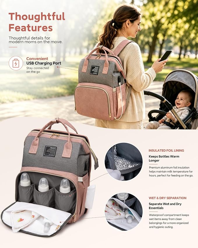 houscly Diaper Bag Backpack with Changing Station, 25L Large Capacity | Multifunction baby bag, baby registry search, baby girl newborn essentials must haves, baby shower gifts, grey - Image 4