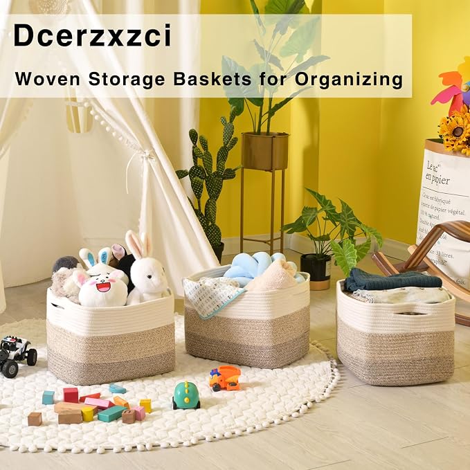 Storage Baskets for Organizing Shelves, Woven Cotton Rope Basket for Storage, Decorative Baskets for Shelves, Soft Basket for Living Room Bedroom, 14.8"×11"×9.5", Pack of 3, Gradient Brown - Image 6