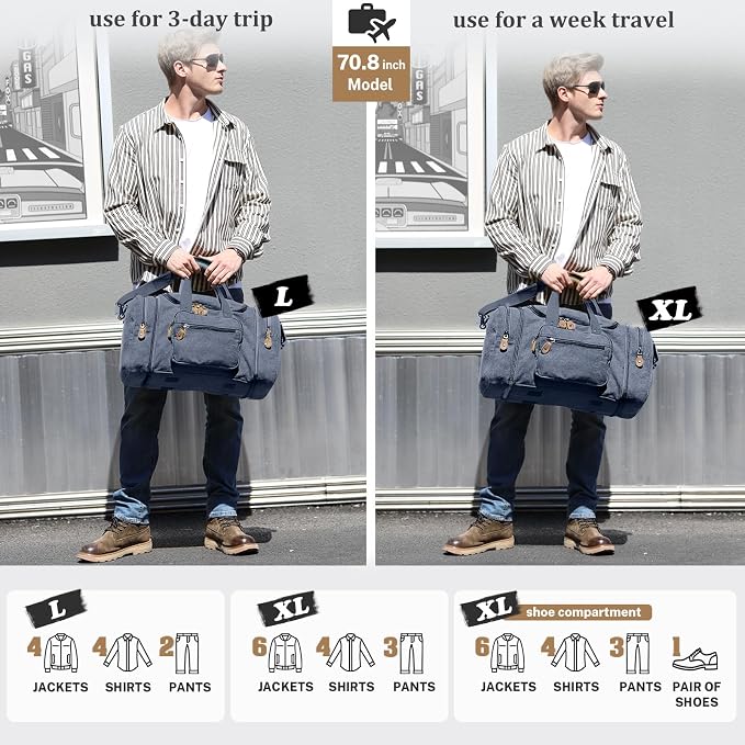 Gonex Canvas Duffle Bag, Expandable 60L Travel Overnight Weekender Bag | for Men, Multiple Pockets, Tear-Resistant, Durable Zippers, Detachable Strap, Denim Blue - Image 6