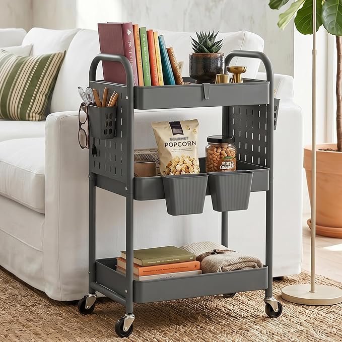 danpinera 3 Tier Rolling Cart with Retractable Dividers, Multi-Functional White Rolling Utility Cart with Pegboards, Hooks & Hanging Cups for Nursery, Living Room, Studio - Image 8