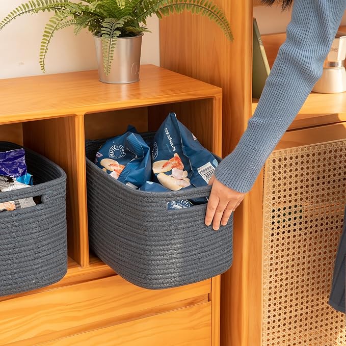 OIAHOMY 4 Pack Storage Baskets for Organizing 15L Cube Storage Bins Blue | Woven Baskets for Storage Rectangle Small Baskets With Handles Baskets for Shelves Wicker Baskets for Shelves 12.7x9x7.8inch - Image 4