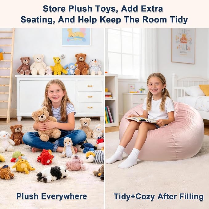 Lukeight Stuffed Animal Storage Bean Bag Chair Cover for Kids, Velvet Plush Toy Organizer Seat, Cover Only, No Filling Included, Long YKK Zipper, Side Pocket, X-Large 30"D x 18"H - Image 3